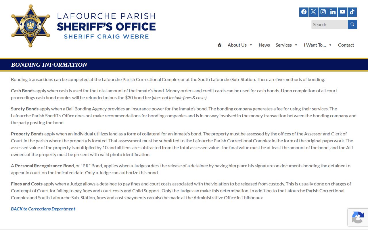Lafourche Parish bond release paths on the official LPSO page