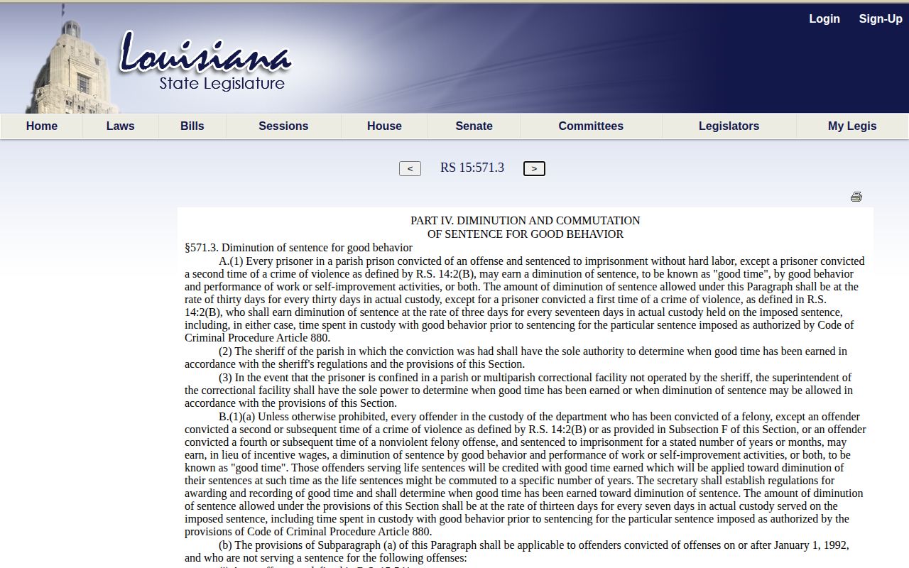 Louisiana statute used for Lafourche Parish projected release date credit rules