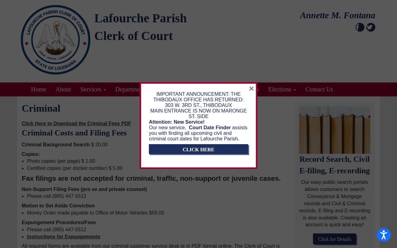 Lafourche Parish released mugshot expungement route through the Clerk criminal page
