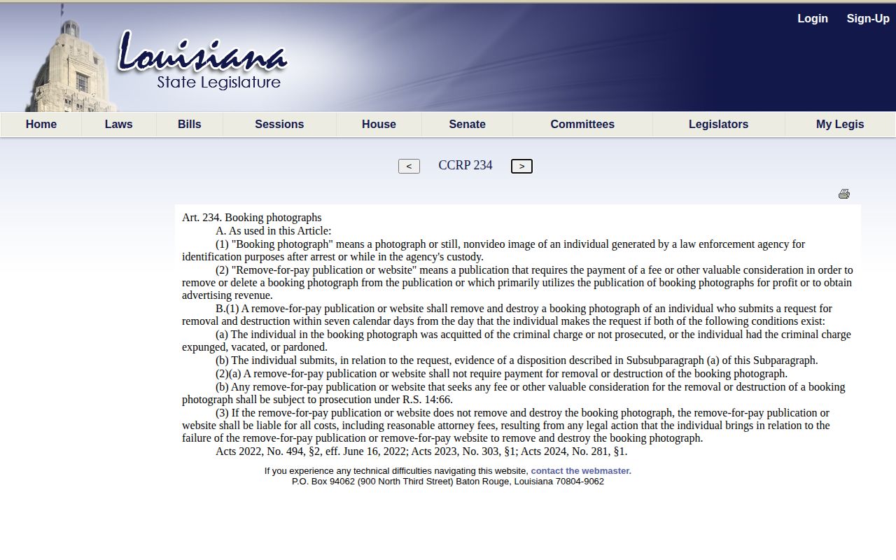 Louisiana Article 234 rules for Lafourche Parish released inmate mugshots